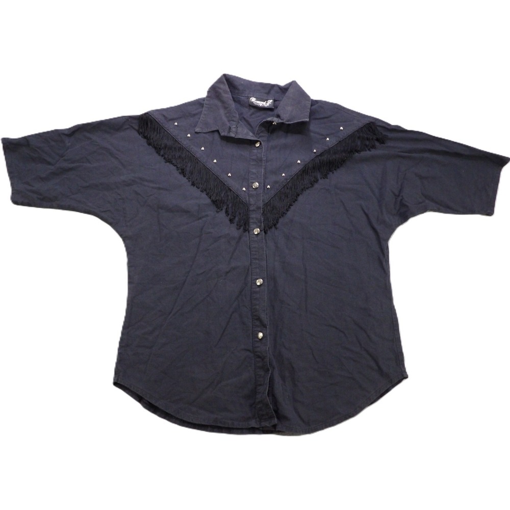 VTG Diamond L Western Shirt Women Medium Black Fringe Stud Short Sleeve USA 90s